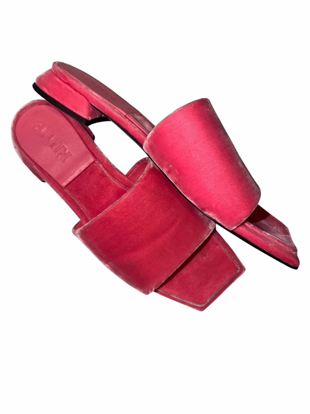 3juin Pink Velvet Sandals Square Toe Block Heel 38 Summer Euc